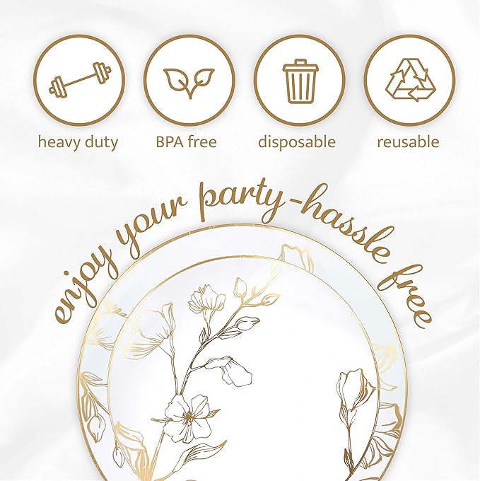 PLASTICPRO 32 Piece Combo Plates Set includes 16-7'' inch Plates & 16-10'' inch Plate White Plastic Floral Design Party With Gold Rim, Premium heavyweight Elegant,Dishes,