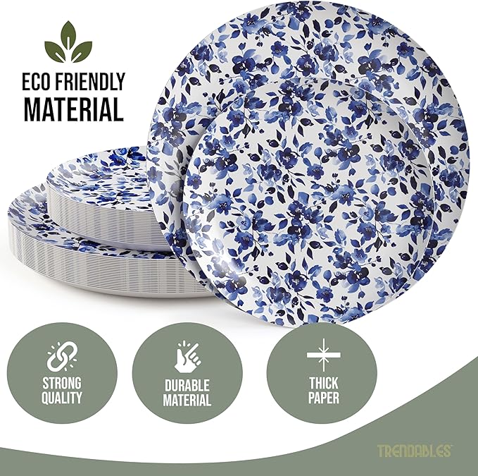 Trendables Heavy Duty Paper Plates Set For 32 Guests - 32 Each Of 8-inch And 10-inch Disposable Plates For Party - Fancy 64 Piece Dinnerware Set For All Occasions | Floral Design, Bluebelle