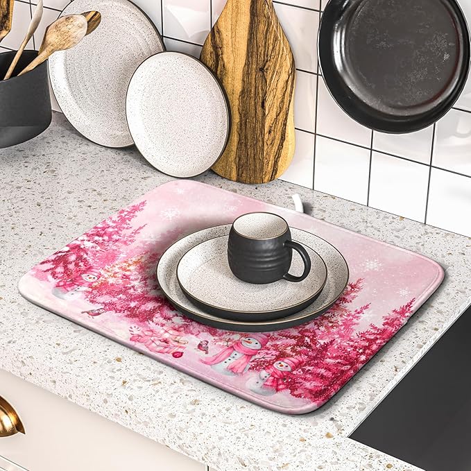 Pink Winter Dish Drying Mat Forest Washable Drying Matt Kitchen Counter Absorbent Coffee Mat for Women