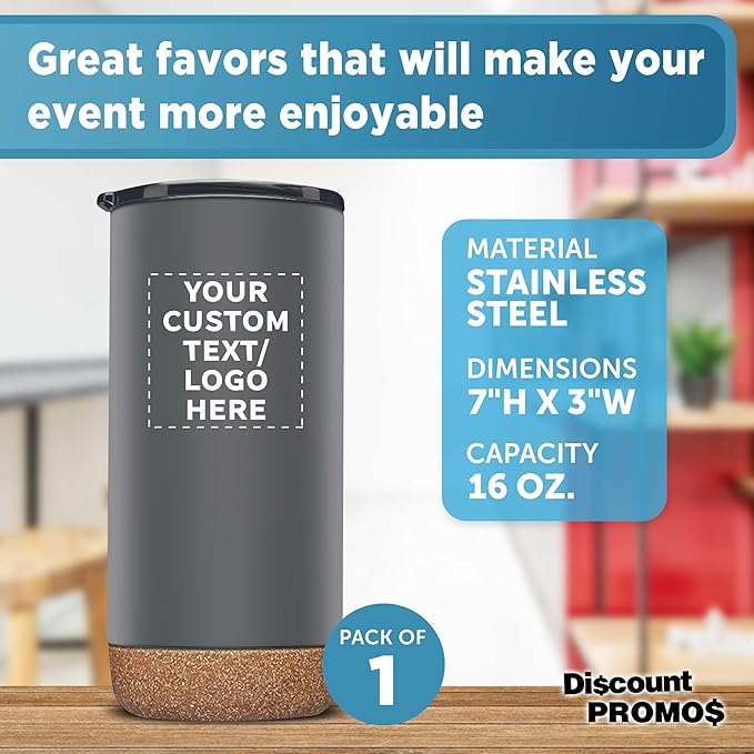 DISCOUNT PROMOS Custom Travel Tumblers with Cork Bottom 16 oz. Set of 1, Personalized Bulk Pack - Double Wall Insulated, Matte Finish, Perfect for Iced Coffee, Soda, Other Beverages - Grey