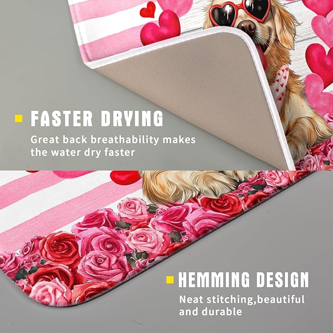 Valentine's Day Dog Dish Drying Mat for Kitchen Counter 16x18 inch Heart Rose Absorbent Dish Drainer Rack Mats for Coffee Bar Countertop