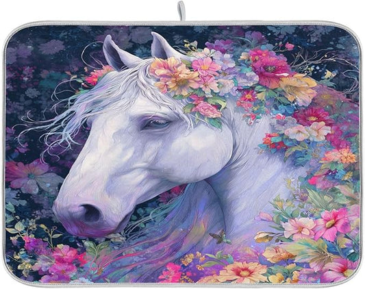 White Horse with Colorful Flowers Dish Drying Mat for Kitchen Counter Super Absorbent Dishes Pad Reversible Microfiber Protector Dish Draining Mats 16x18 inch