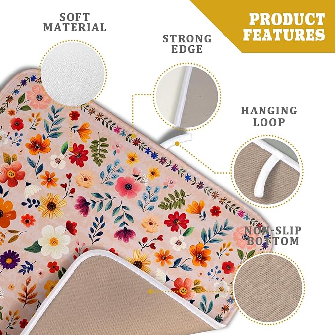 Boho Floral Dish Drying Mat - Pink Wildflower Absorbent Microfiber Kitchen Counter Pad for Home Coffee Bar Decor