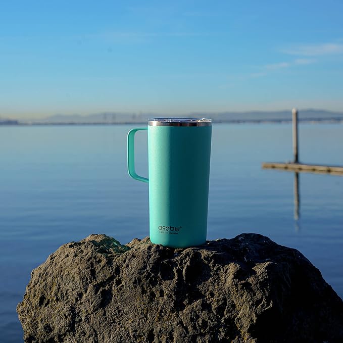 asobu Tower Mug Ceramic Inner Coated Insulated Stainless Steel Cup for Pure Tasting Coffee with Easy Hold Handle and Tritan Lid Fits Standard Cup Holders 20 Ounce Travel Mug