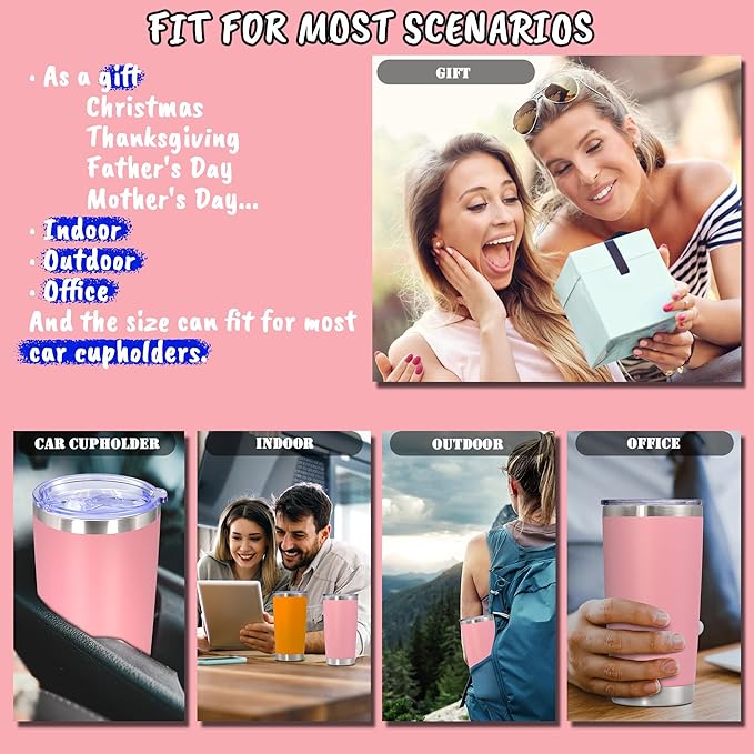 20 oz Tumbler with lid Double Wall Vacuum Insulated Tumblers Stainless Steel Coffee Mug Travel Coffee Tumbler Powder Coated Tumbler Cup Keep Hot&Cold - (Pink 6 Pack)