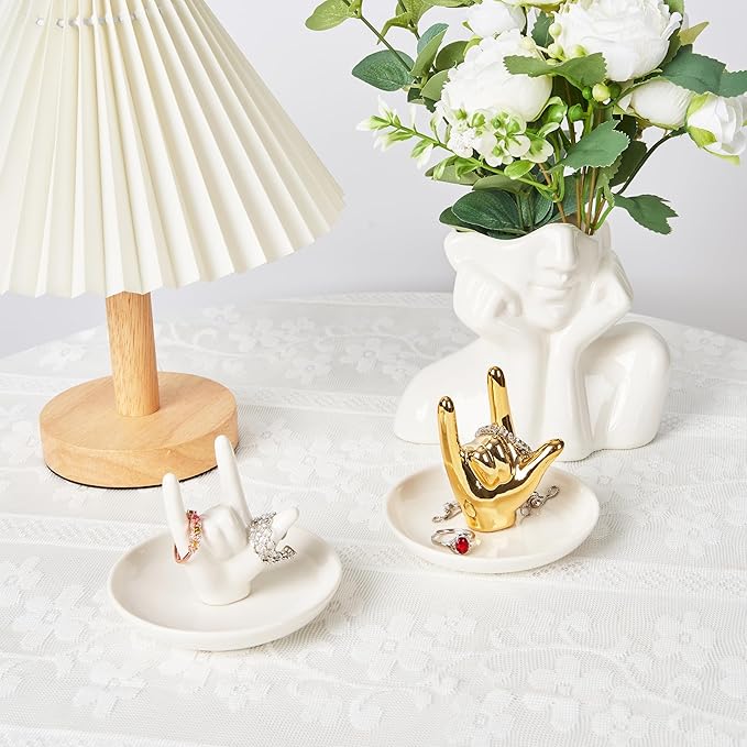 Set of 2 Hand Ring Holder, I Love You Hand Shape Jewelry Dish for Wedding Engagement, Trinket Tray Gifts for Women Her Birthday Christmas Valentines