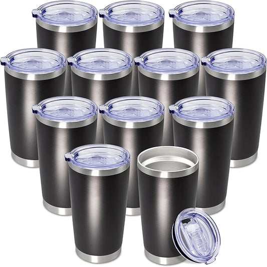20 oz Tumbler Coffee Tavel Tumblers Bulk with Lid Stainless Steel Double Wall Vacuum Insulated Mug Powder Coated Cups fit Car Cupholder for Hot and Cold - Black, 12Pack