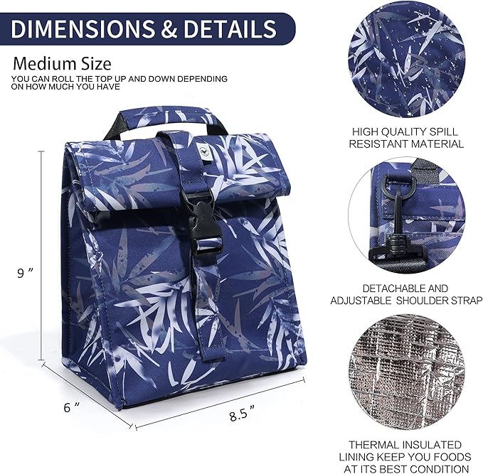 SUNNY BIRD Insulated Lunch Bag Rolltop Lunch Box Tote Bag for Women, Men, Adults and Teens (Blue Bamboo)