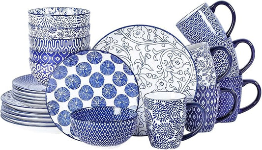 Selamica Ceramic Dinnerware Sets for 6, 24 Piece Plates and Bowls Sets, Scratch Resistant Dishes Set-Dishwasher & Microwave & Oven Safe, Vintage Blue A