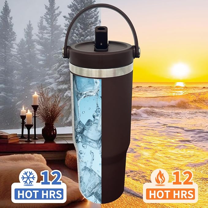 30 oz Tumbler with Handle, Double Wall Vacuum Insulated Tumblers with Flip Straw, Coffee Mug 30oz Powder Coated Cup for Hot and Cold Drinks(Coffee,1 pack)