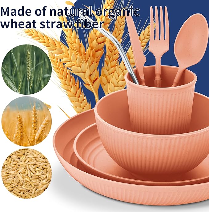 Hommaly Wheat Straw Dinnerware Sets,64-Piece Plates and Bowls Sets for 8-Unbreakable,Reusable Plastic Dish Set-Dinner Plate/Dessert Plate/Cereal Bowl/Cup/Utensils-Dishwasher Safe 64P-Coral Coast