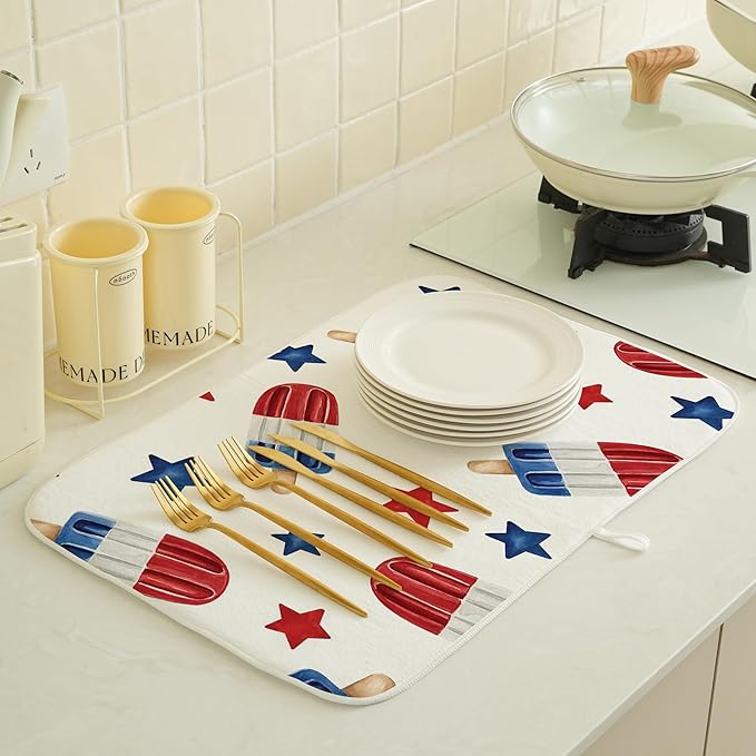 4th of July Dish Drying Mats 18x24 Inch American Red Blue Stars Decor Patriotic Decorative Drying Mats Summer Outdoor Independence Day Memorial Day Decor Coffee Bar Mat for Kitchen Dining Room