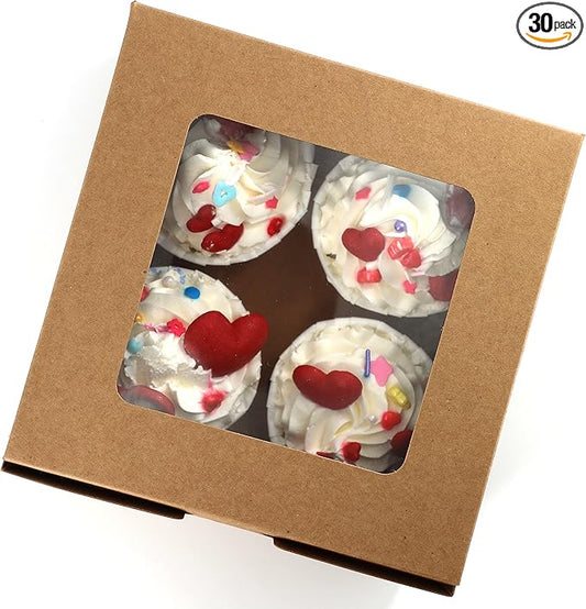 30-Set Cupcake Boxes Bulk with Clear Display Window Hold 4 Standard Cupcakes, Disposable Food Grade Brown Cupcake Carrier Cupcake Container, Perfect for Cupcakes Muffins Cookies Pastries