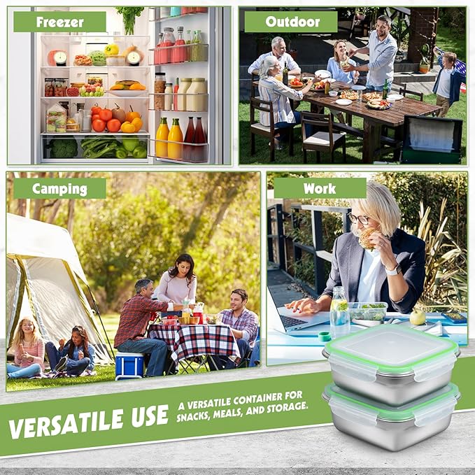 3 Pack Sandwich Containers, 24oz Stainless Steel Sandwich Box with Airtight Lids, Reusable Metal Meal Prep Lunch Boxes, BPA-Free, Dishwasher Safe, Food Storage Containers for Families (Green)