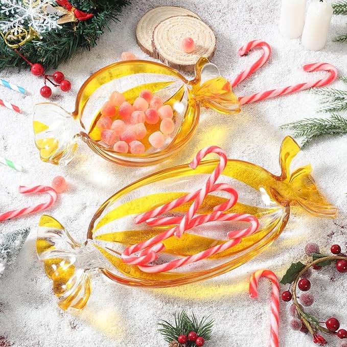 Christmas Dish, Yellow Set of 2 Glass Candy Platter Serving Dessert Plates, Christmas Dinnerware Tray Decorative Plates for Xmas Holiday Party Favor, Long & Round