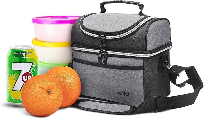 Tirrinia Reusable Lunch Box for Men Women, Insulated Lunch Bag Adult Work, Double Decker Leakproof Lunchbox for Office Picnic Beach—Dual Compartment Lunch Cooler Bag,Gray