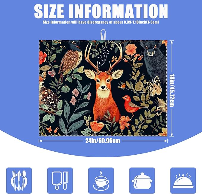 Vintage Deer Dish Drying Mat for Kitchen Counter Wild Animals Drying Pad Absorbent Reversible Dish Drainer Rack Mats Draining Pad 18"x24"Inch