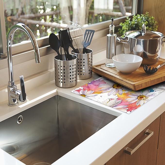 White Daisy Floral Dish Drying Rack Mats Decor,Watercolor Dish Pad Drying Mat Kitchen Counter 18x24 Inch Absorbent Reversible Microfiber for Coffee Bar Sink Countertop