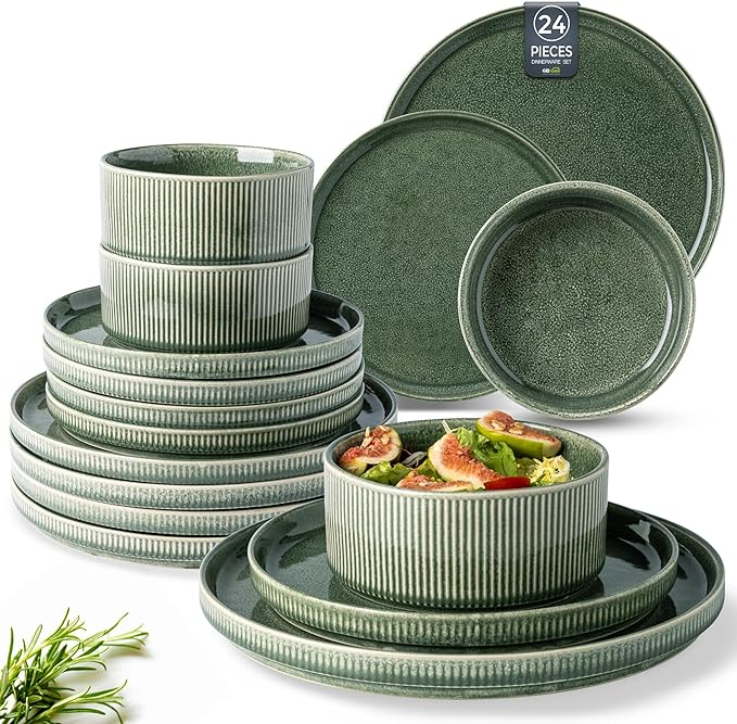 GBHOME Stoneware Dinnerware Sets for 8,Round Reactive Glaze Ceramic Plates and Bowls Set,Highly Scratch Resistant | Dishwasher & Microwave Safe Dishes Set,Service for 8(24Pcs)