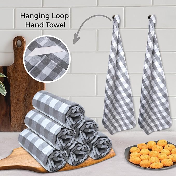 Urban Villa Kitchen Towels Set of 6 Buffalo Checks Grey/White Kitchen Towels 20X30 Inches 100% Cotton Highly Absorbent Kitchen Towels Premium Quality Ultra Soft Mitered Corners KitchenTowels