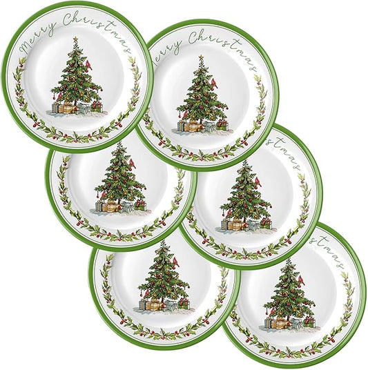 6 Pcs Christmas Dinner Plates Xmas Tree Melamine Dinnerware Green Plates Xmas Wreath Dishes Holiday Tableware for Dessert Salad Appetizer Birthday Party(Christmas Tree,8 Inches)