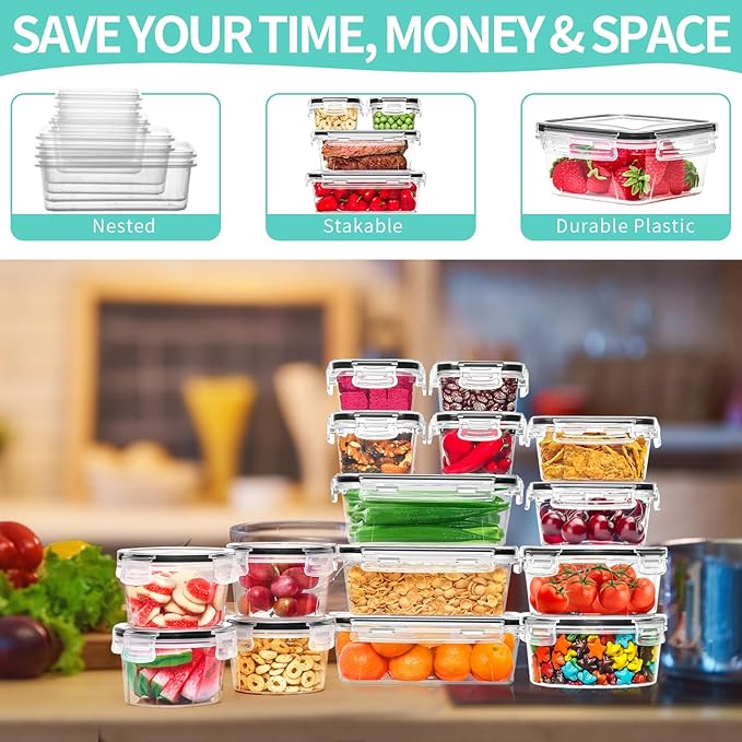 Skroam 72 piece Food Storage Containers Set with Airtight Lids (36 Containers & 36 Lids), Plastic Leak-Proof Kitchen Storage Containers for Pantry Organizers and storage - Meal Prep, Lunch Containers