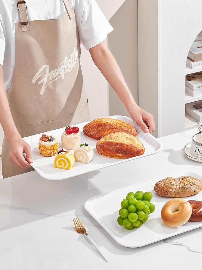 Blue Boat 17" x 12" Rectangular Serving Trays Set of 2 White, Melamine Serving Platter, Light Weight Easy to Clean Sturdy Stackable BPA-Free Dishwasher Safe