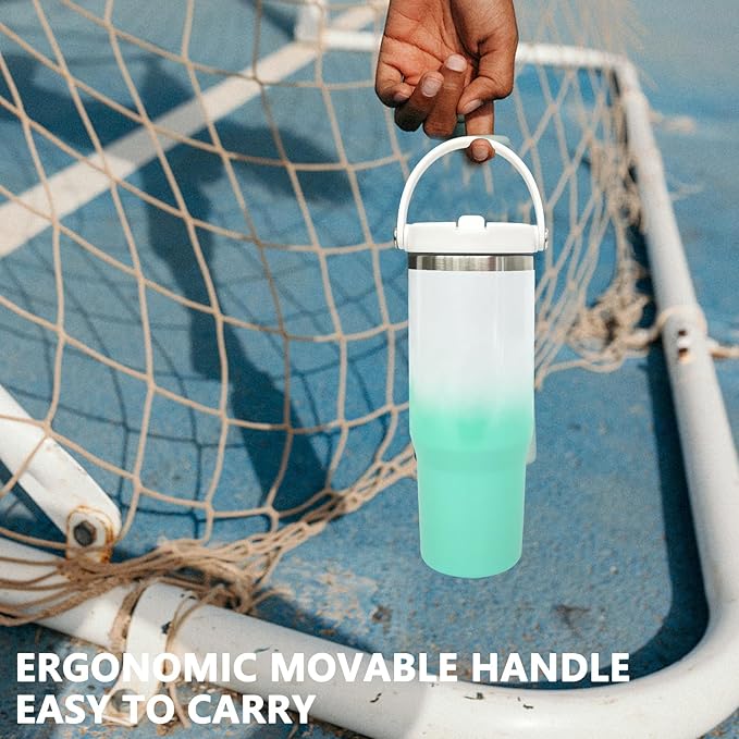 30 oz Tumbler with Handle and Straw, Vacuum Insulated Tumblers with Flip Straw and Top Handle, Leakproof Tumbler, Stainless Steel Travel Mug for Coffee Water, Cold for 20 Hours(Green White Gradient)