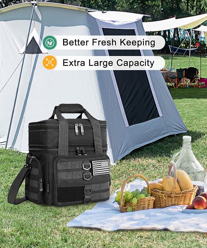 Tactical Lunch Box for Men, Large Insulated Lunch Bag for Adult, Heavy Duty Double Deck Expandable Lunch Cooler Bag with American Flag, Leakproof Soft Lunch Pail for Work Office Camping - Black