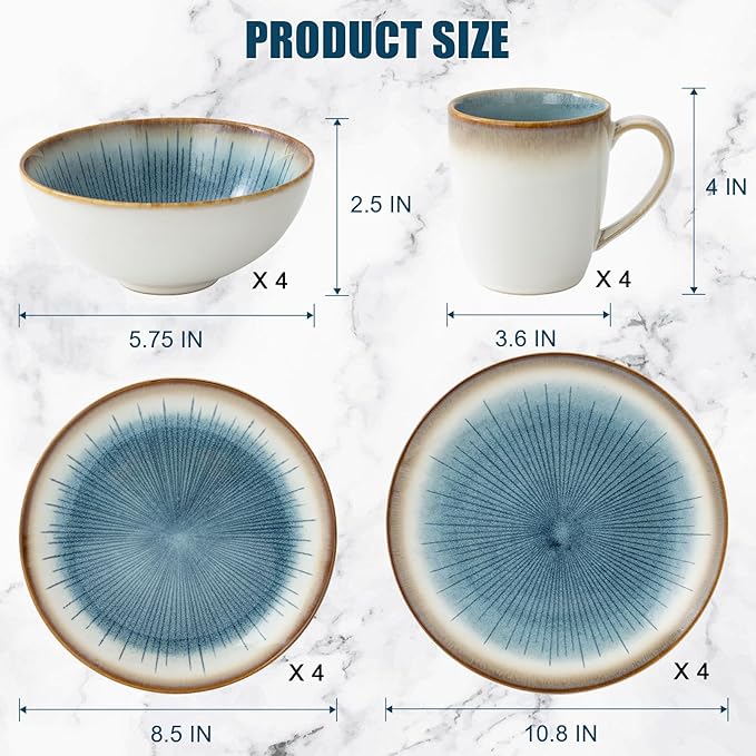 Dinnerware Set Stoneware 16 Pieces Service for 4, Stoneware Plates and Bowls Set Highly Chip and Crack Resistant Stoneware Set, Dishwasher Microwave Safe Dishes set