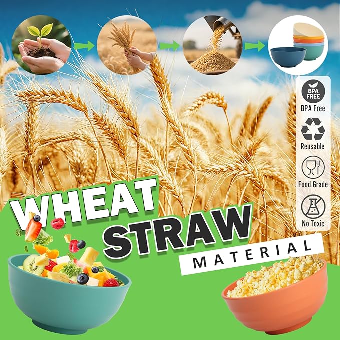 Wheat Straw Bowls 60 OZ, Unbreakable Large Salad Bowl Set of 6, Microwave and Dishwasher Safe Big Bowls for Kitchen, Camping, Picnic, RV, Serving Bowl Set for Ramen, Cereal, Soup - Multi