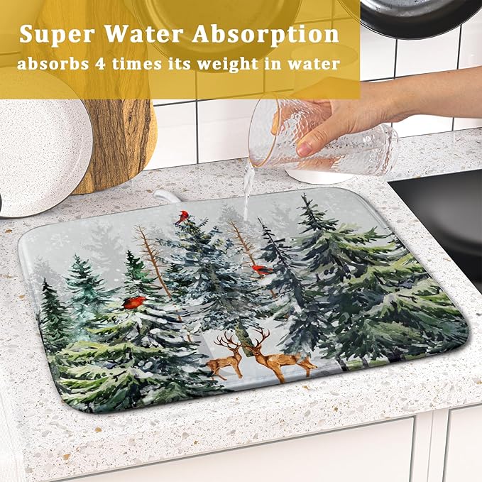 Pine Tree Dish Drying Mat for Kitchen Counter 16x18 Inch Forest Deer Absorbent Dishes Drainer Mats Reversible Microfiber Quick Dry Rack Pad