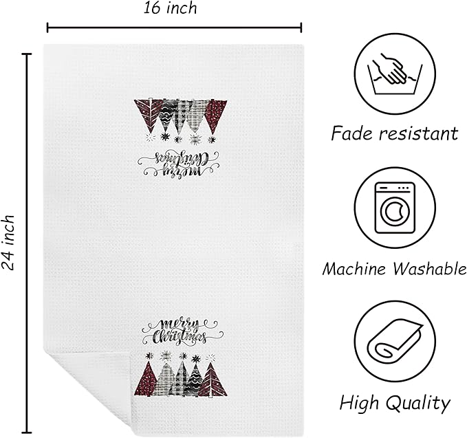 Vintage Christmas Tree Kitchen Towels, Merry Christmas Dish Tea Towels for Kitchen, Red Black and White Plaid Xmas Tree Decorative Hand Towel for Bathroom, 16x24 Inch