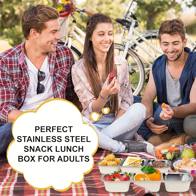 Stainless Steel Snack Container with Lids, Snackle Box Container for Adults, Reusable Metal Bento Box, Leek Proof 3 Compartment Divided Food Storage Containers for Diet Control, Picnic, Work, Travel