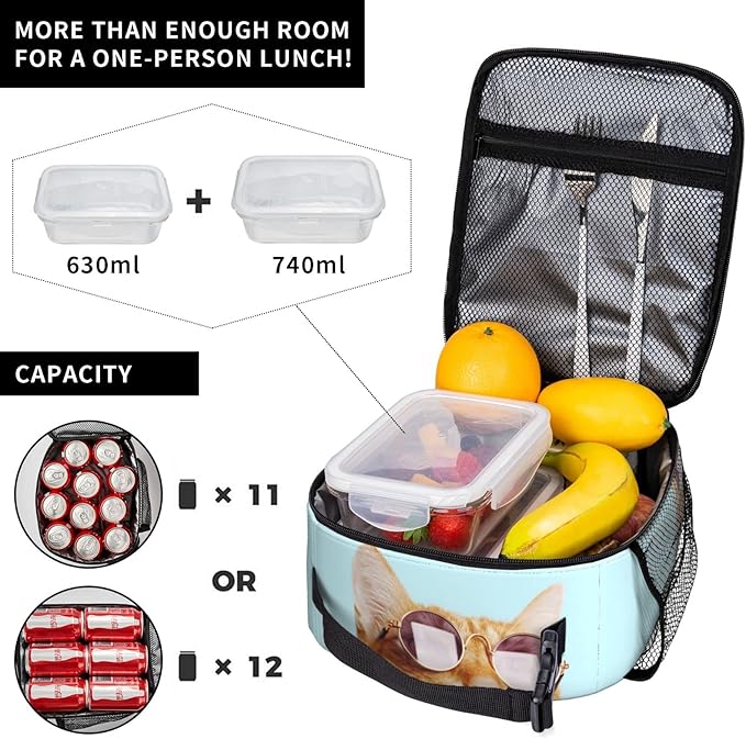 Sunglasses Cat Reusable Lunch Box Insulated LunchBox Cooler Lunch Bag