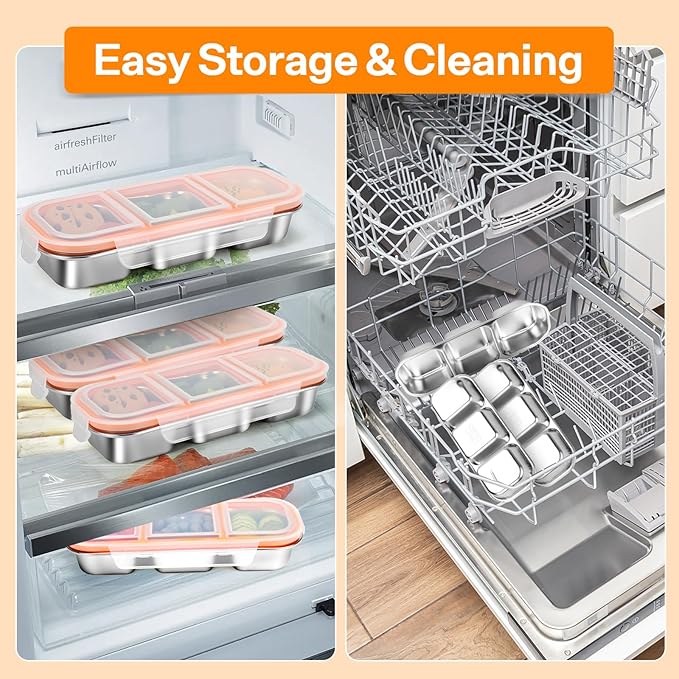 Stainless Steel Snack Containers, Reusable Snack Containers with Lids Stainless Steel Lunch Box with 3 Compartment Divided Food Storage for Home Work Travel Outdoor Camping (Orange 3 Pack)