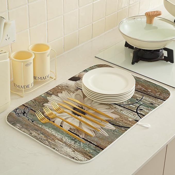 Rustic Daisy Dish Drying Mats 18x24 Inch Vintage Sunflowers on Wooden Board Drying Mats Seasonal Outdoor Farmhouse Decor Coffee Bar Mat Fast Drying for Kitchen Dining Room Decorative