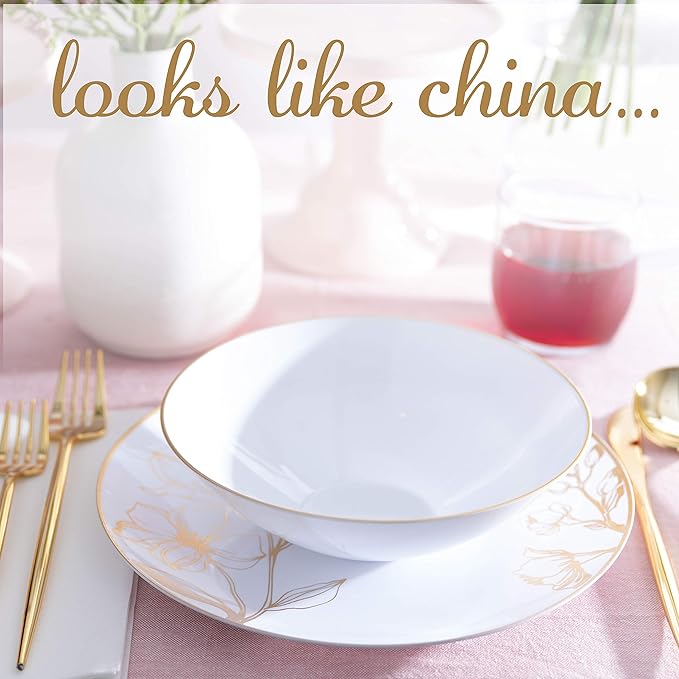 PLASTICPRO White Plastic Floral Design Party Plates With Gold Rim Premium heavyweight Elegant Disposable Tableware Dishes (120, 16 OUNCE BOWLS)