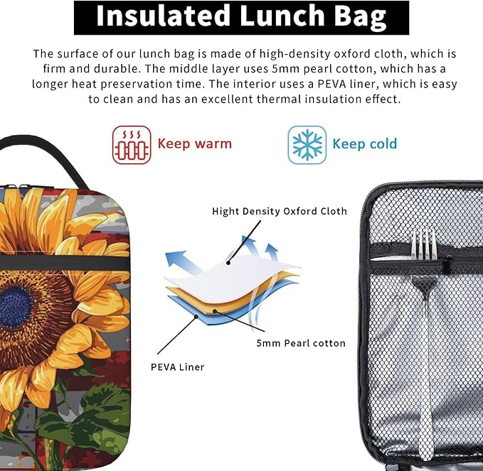 Sunflower Lunch Box for Kids Aldults, Patriotic Floral Reusable Thermal Insulation Cooler Tote Bags, American Flag Rustic Bloom Insulated Bag for Student, School Picnic Camping Travel, Gifts