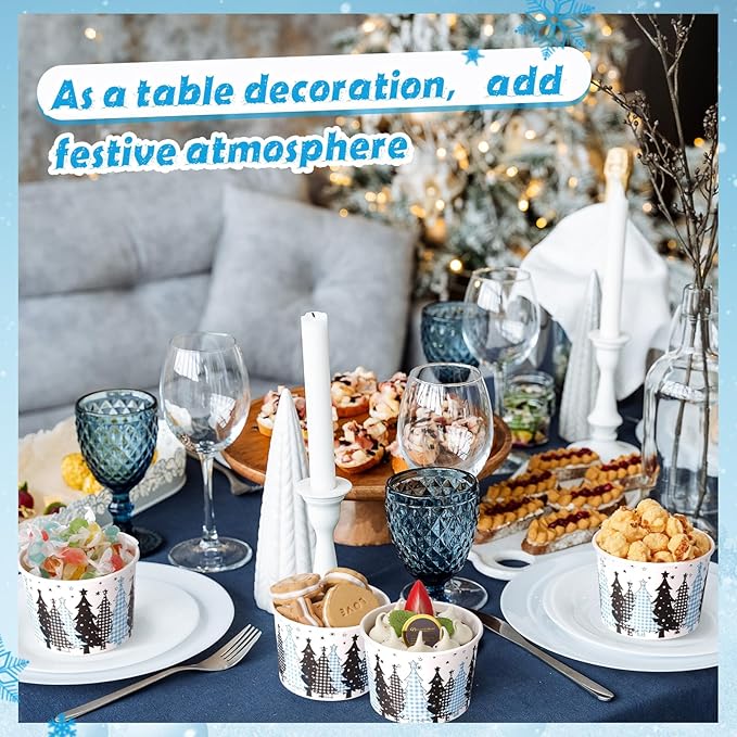 50 Pack Christmas Tree Treat Snack Cups Blue Gingham Buffalo Plaid Paper Ice Cream Cups 9 oz Xmas Tree Disposable Dessert Bowls for Hot or Cold Food Winter Xmas Holiday Party Supplies