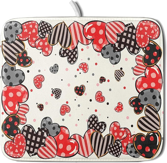 Red Heart Dish Drying Mat 16"x18" Love Dots Microfiber Dish Drainer Rack Mat Holiday Absorbent Fast Dry Pad for Kitchen Counter Home Decor