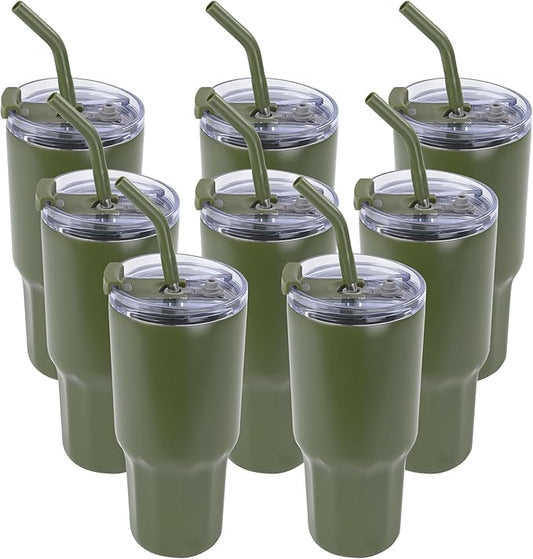 VEGOND 30 oz Insulated Stainless Steel Tumblers with lid and straw Bulk Pack Coffee Mug with Non-Slip Silicone Base, Sweat Proof Powder Coated Cup for Hot Cold Drinks, Army Green 8Pack