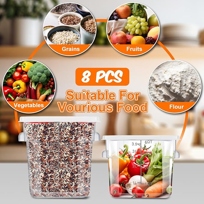 Suclain 8 Pack 4 QT and 6 QT Food Storage Containers with Lids Scales Handles Square Clear Restaurant Food Storage Containers Polycarbonate Commercial Grade for Kitchen Marinating Meat Dough(White)