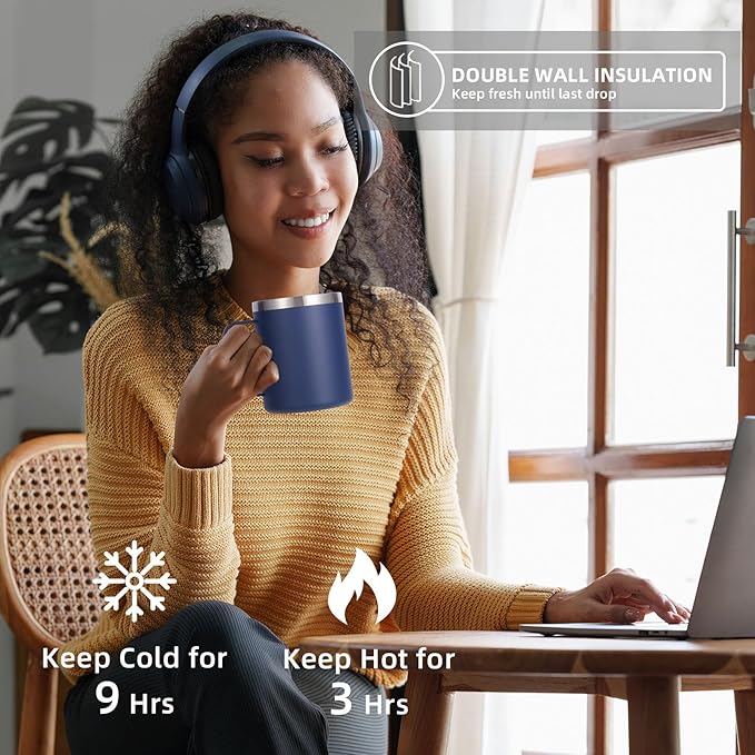 Volhoply 12oz Insulated Leakproof Coffee Mug with Flip & Straw Lid Bulk 4 Pack,Double Wall Vacuum Stainless Steel Travel Tumbler Cup with Handle,Camping Mugs Keep Cold/Hot(Navy,4 Set)