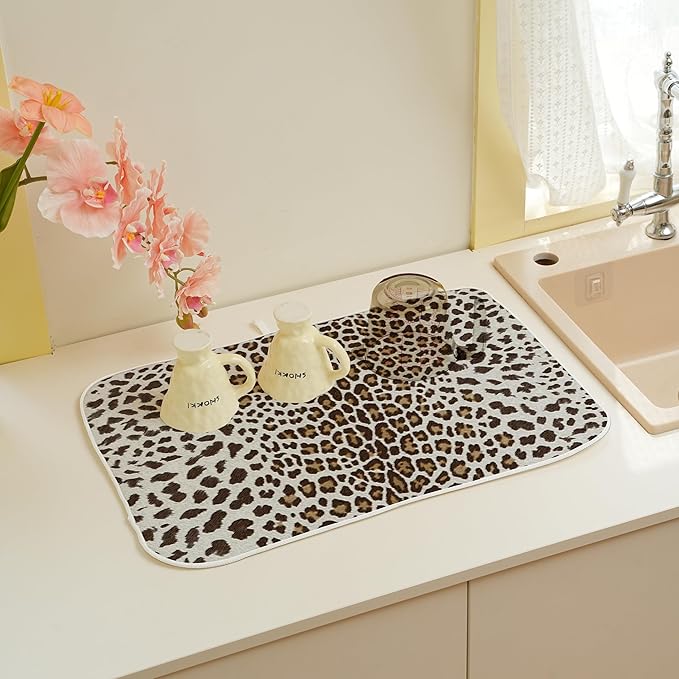 Brown Leopard Print Drying Mat 18x24 Inches For Kitchen Counter Boho Animal Skin Cheetah Print Kitchen Decoration Drying Mat Decorative Boho Pad for Kitchen Dining Room,Office Decor