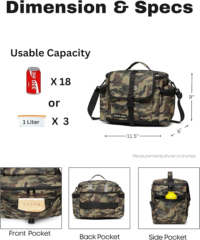 SUNNY BIRD Large Lunch Bag, Thermally Insulated Soft Cooler with Shoulder Strap for Women, Men (Camouflage)