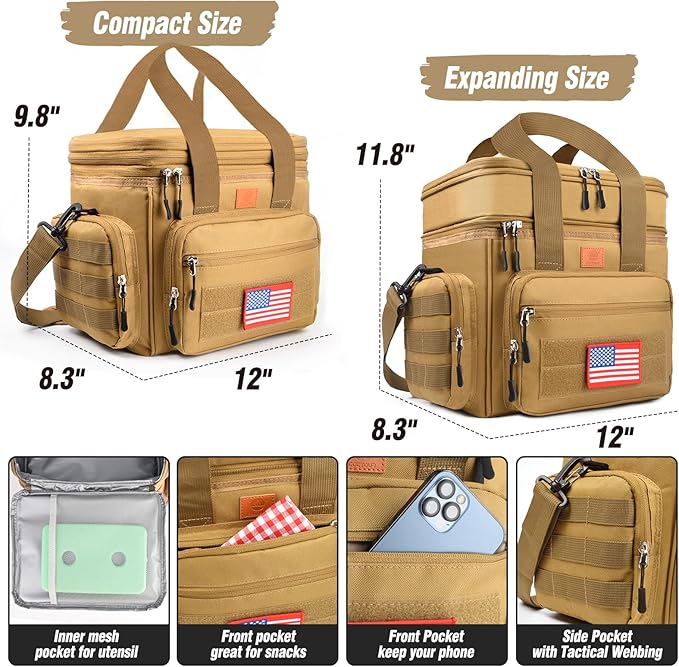 Tactical Lunch Box for Men, Expandable Heavy Duty Double Deck Tactical Lunch Bag with Shoulder Strap, Leakproof & Insulated Lunch Cooler Bag for Adult Work Fishing Picnic Travel,20L (Sandy)