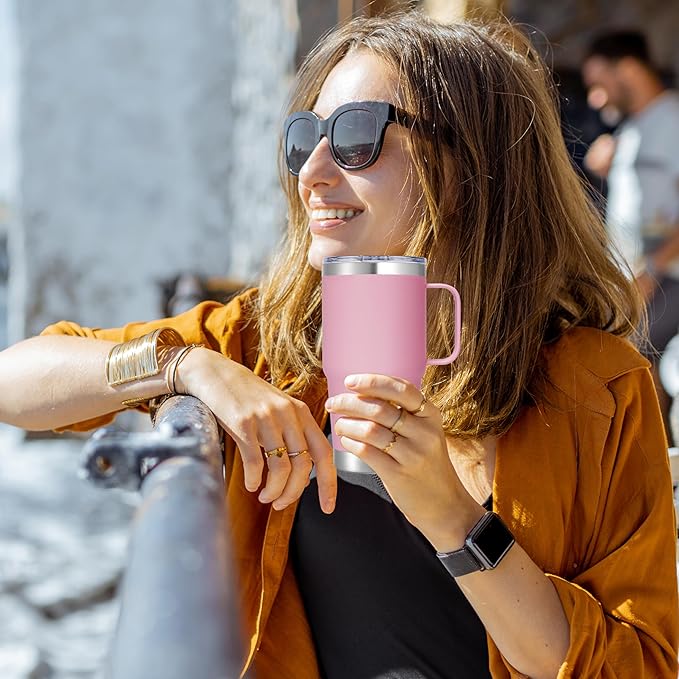20 oz Stainless Steel Tumbler with Handle Metal Insulated Coffee Travel Mug with Handle Double Wall Tumbler Cup with Handle and Lid, Pink 1 Pack