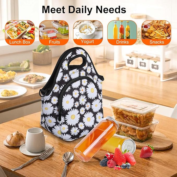 CILLA Neoprene Lunch Bag for Women Insulated Lunch Tote Bags Washable Lunch Container Box Picnic Lightweight Meal Prep Bags(White daisy+)