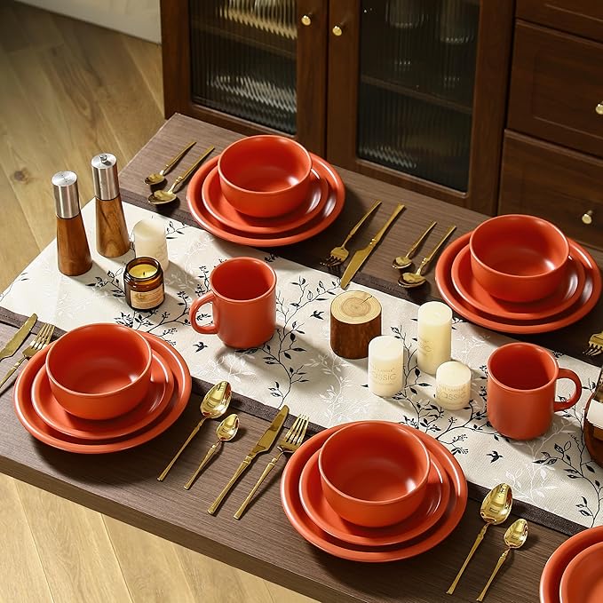 GZG Vintage Series - Ceramic Dinnerware Set for 8, 24 Pieces Stoneware Plates and Bowls Set, Lead-Free, Handcrafted Dishes Set, Microwave & Dishwasher Safe - Terracotta Red